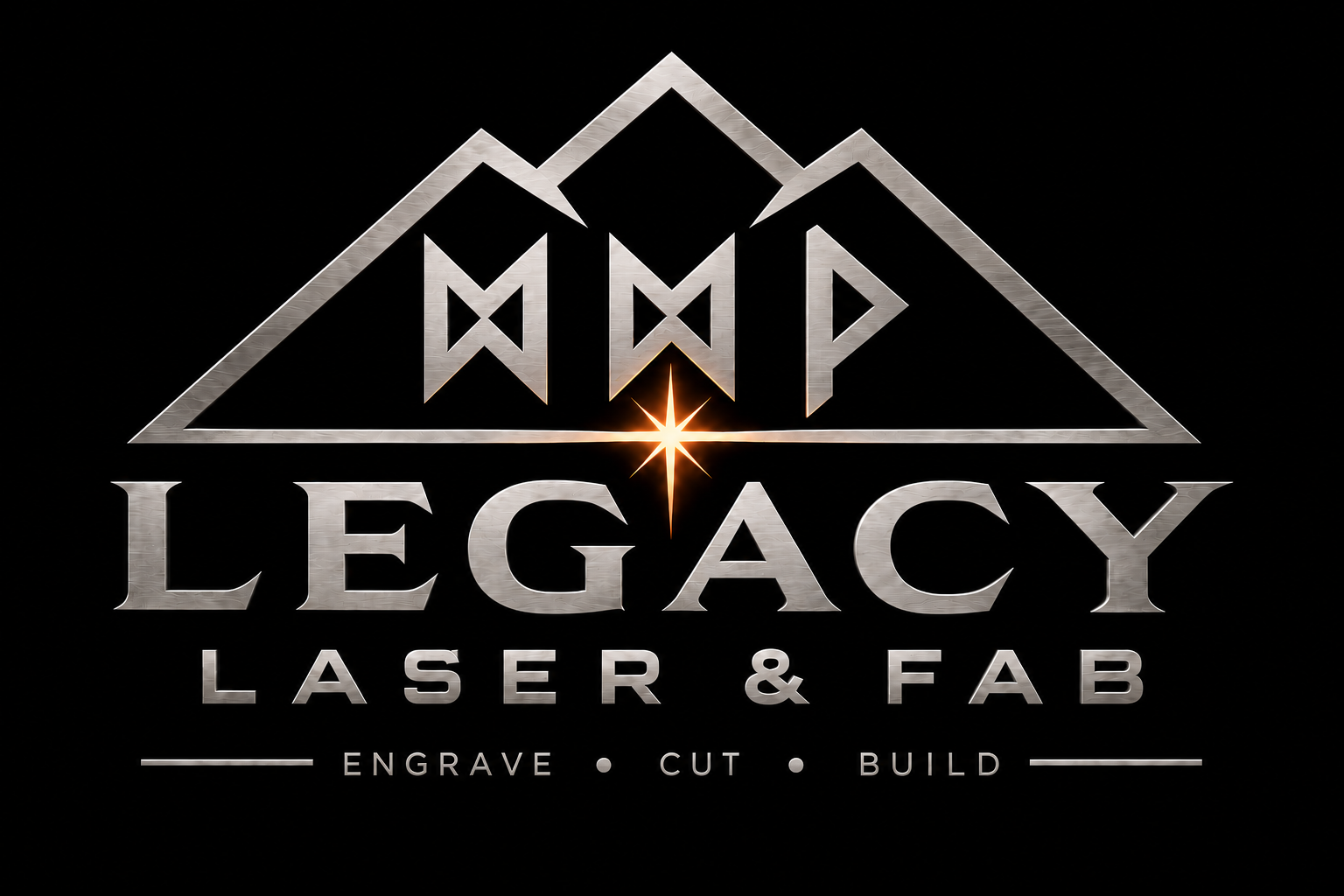 Legacy Laser & Fab logo: silver mountain crest and three runes with a golden laser spark. Engrave, cut, build.